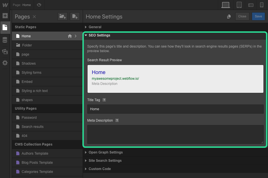 configuración de SEO de webflow